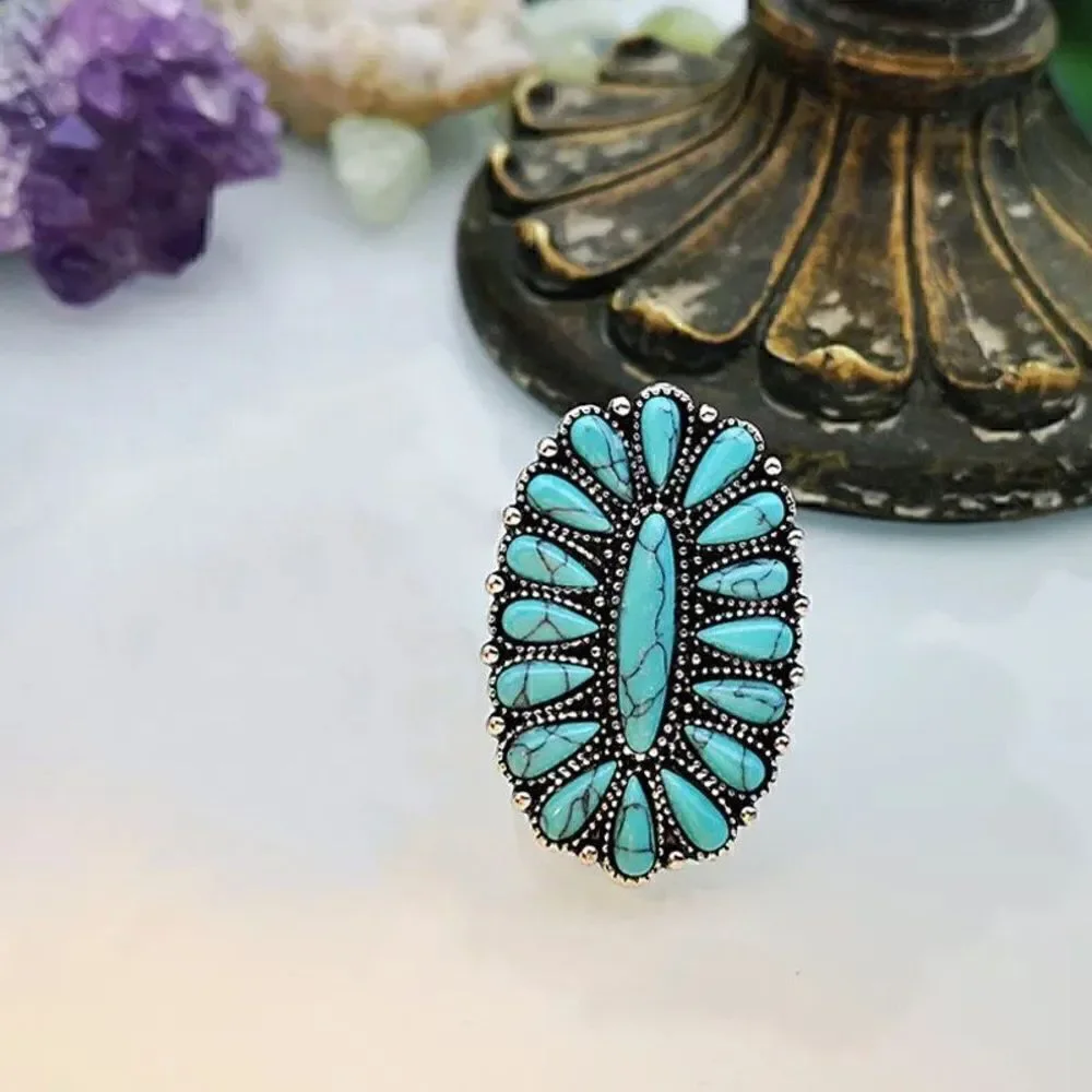 Ladies Western Turquoise Cluster Stone Statement Silver Adjustable Fashion Ring